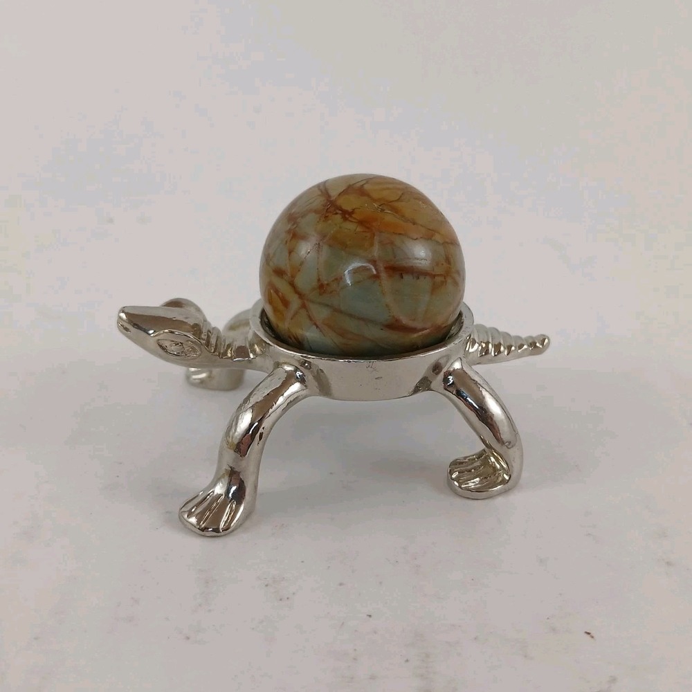 Crystal Sphere With Silver Tortoise Stand Turtle Green Brown Small